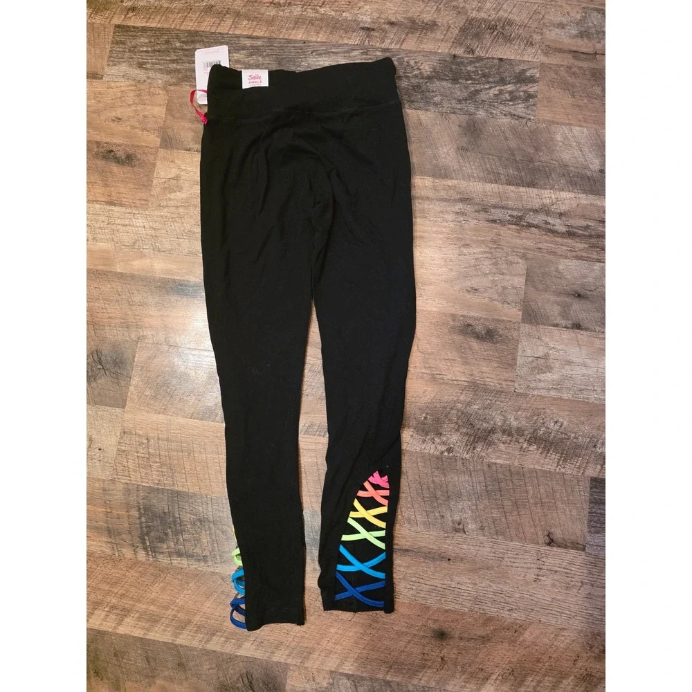 Justice Girls Black Ankle Leggings Rainbow Lace Up Detail Size L 12/14 NWT